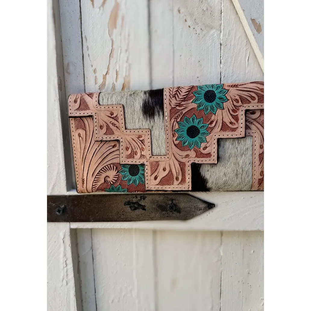 Turquoise Bloom Cowhide Wallet | Tooled Leather Western Wallet