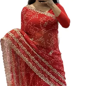 Women's Traditional Bhadni Chunari Saree Dress - Elegant Clothes with Thread Work Embroidery, Print, Falls and Picco