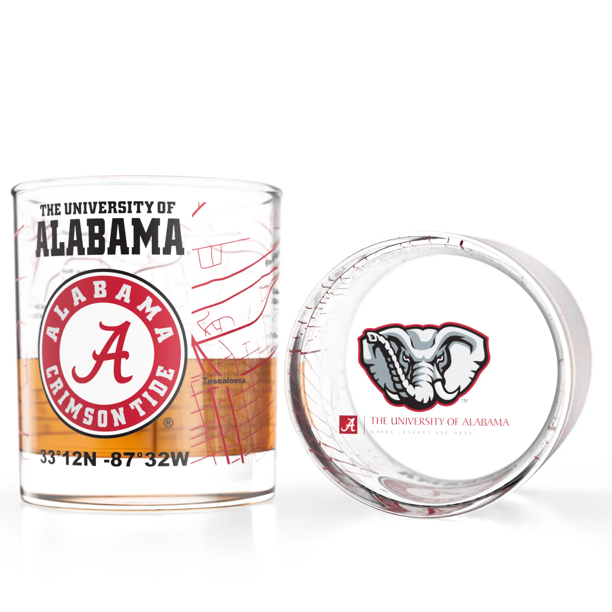 University Of Alabama Whiskey Glass Set 2 Low Ball 10oz Dishwasher Safe Campus Map Logo Officially Licensed Drinkware Gift