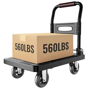 Upgraded Foldable Push Cart Dolly,560 lbs. Capacity Moving Platform Hand Truck,Heavy Duty Space Saving Collapsible,4‘’ TPR 360-Degree Silent Wheels,2 Swivel Wheels and 2 Fixed Wheels Adjustable Length Lock Adjustable Removable Straps