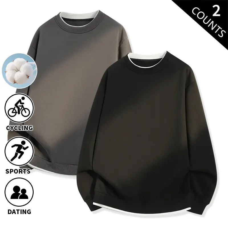 Men’s crew neck sweatshirt, 2-pack — soft fleece long-sleeve shirts with a faux two-piece layered hem, casual loose fit basic pullover