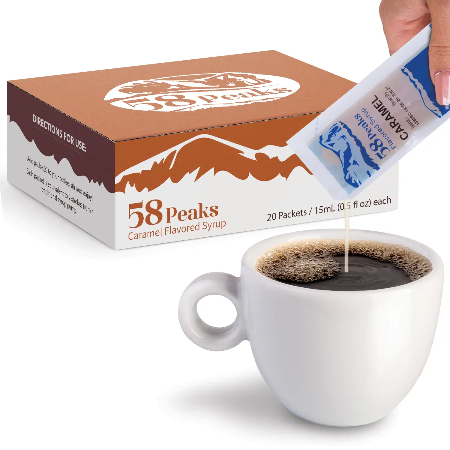 20 Count Caramel Syrup Packets for Coffee & Drinks, To-Go Single Serve Flavoring, 15mL, 58Peaks