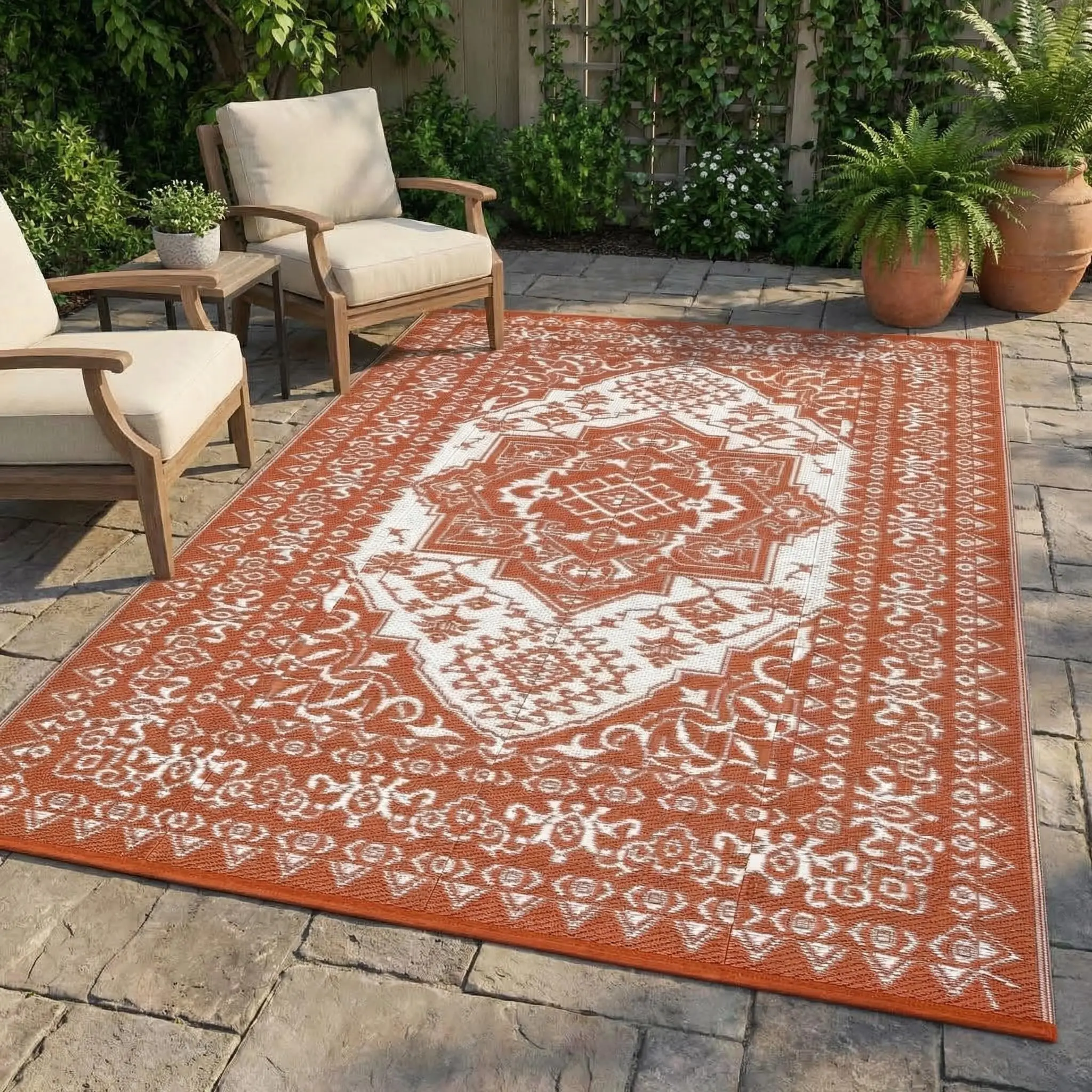 Outdoor patio rug, 8×10, waterproof, reversible plastic straw mat; large vintage medallion boho area rug for decks, balconies, pools, camping, beaches, picnics, porches, RVs; terracotta. wide rocker chair garden table rattan side furniture umbrella hole