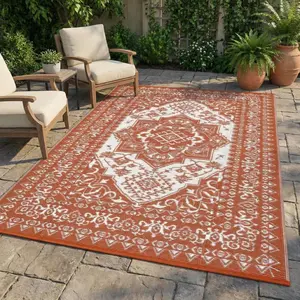 Outdoor patio rug, 8×10, waterproof, reversible plastic straw mat; large vintage medallion boho area rug for decks, balconies, pools, camping, beaches, picnics, porches, RVs; terracotta.