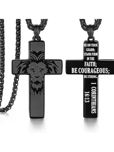 1 piece of young boy lion cross charm necklace, stainless steel inspirational pendant with chain, boy confirmation gift, Christmas stocking filling and birthday gift