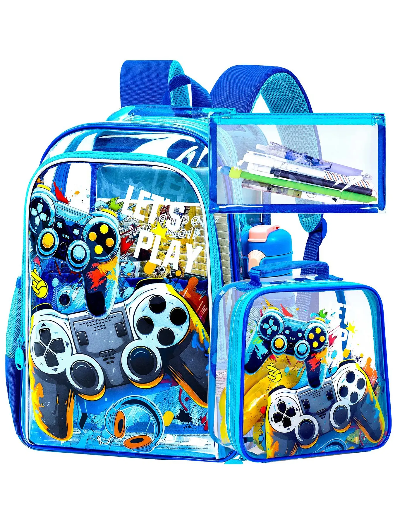 3PCS Clear Game Controller Backpack Set for Boys, Transparent School Backpacks with Lunch Bag, Gamer Print Let's Play, Perfect for School & Travel, Multi Compartment Backpack