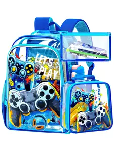 3PCS Clear Game Controller Backpack Set for Boys, Transparent School Bag with Lunch Bag, Gamer Print Let's Play, Perfect for School & Travel