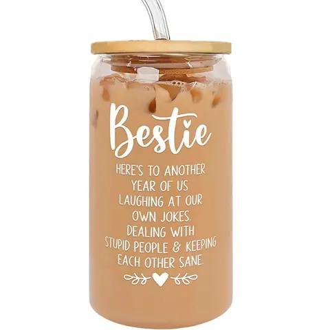 Bestie Glass Cup, Transparent Glass Cup with Lid and Straw, Drinking Cup Gift for Home Office, Party Gift for Best Friend, Drinking Glassware