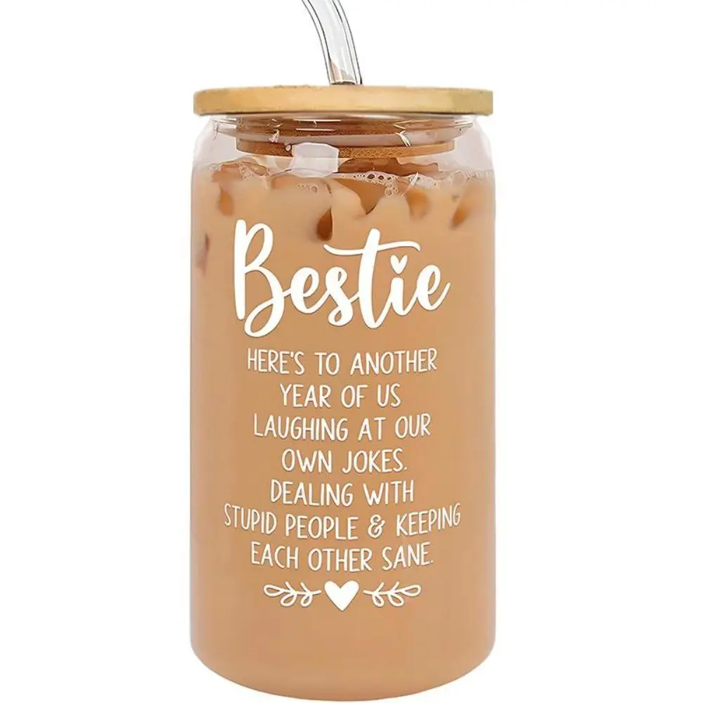 Bestie Message Glass Cup, Transparent Glass Cup with Lid and Straw, Drinking Cup Mug Gift for Home Office, Water Storage Bottle, Shimmer Glass, Bottle
