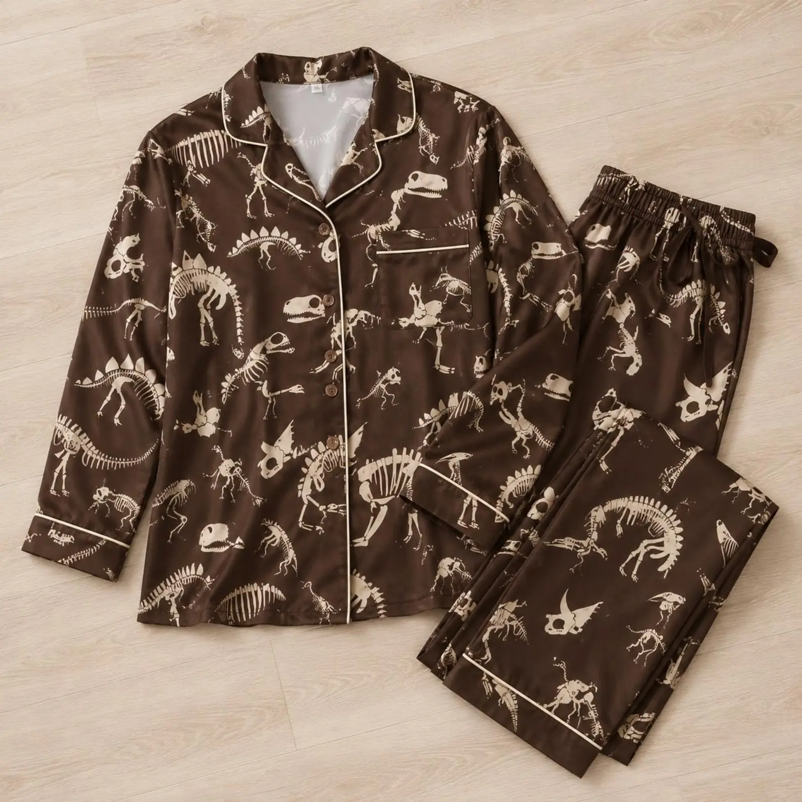 Fluffy Dinosaur Skeleton Pajamas Set, Dinosaur Skeleton Pajama Set, Satin PJs, Women's Halloween Loungewear, Dino Bone Sleepwear Gift