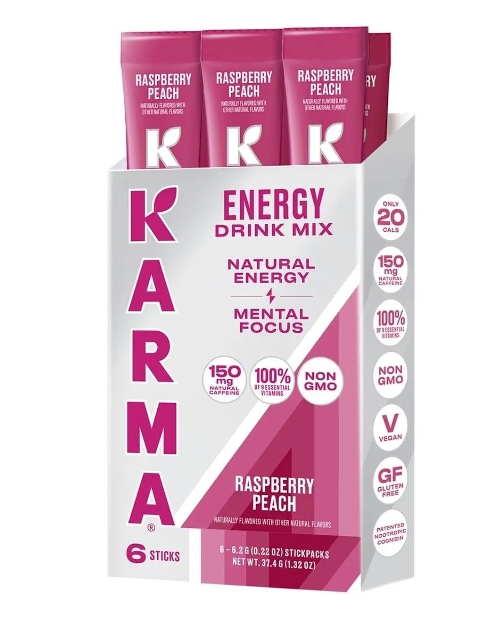 Karma Energy Hydration Packets – 6 Pack, Raspberry Peach Drink Mix with Cognizin® Nootropics, Vitamins & Immune Support, Low Calorie
