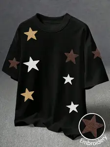Unisex Chenille Star Patch Graphic T-Shirt, Oversized Embroidery Casual Tee, Y2K Streetwear, Summer Fashion Daily Outfit, Preppy Style Short Sleeve, Perfect Birthday Gift for Him & Her