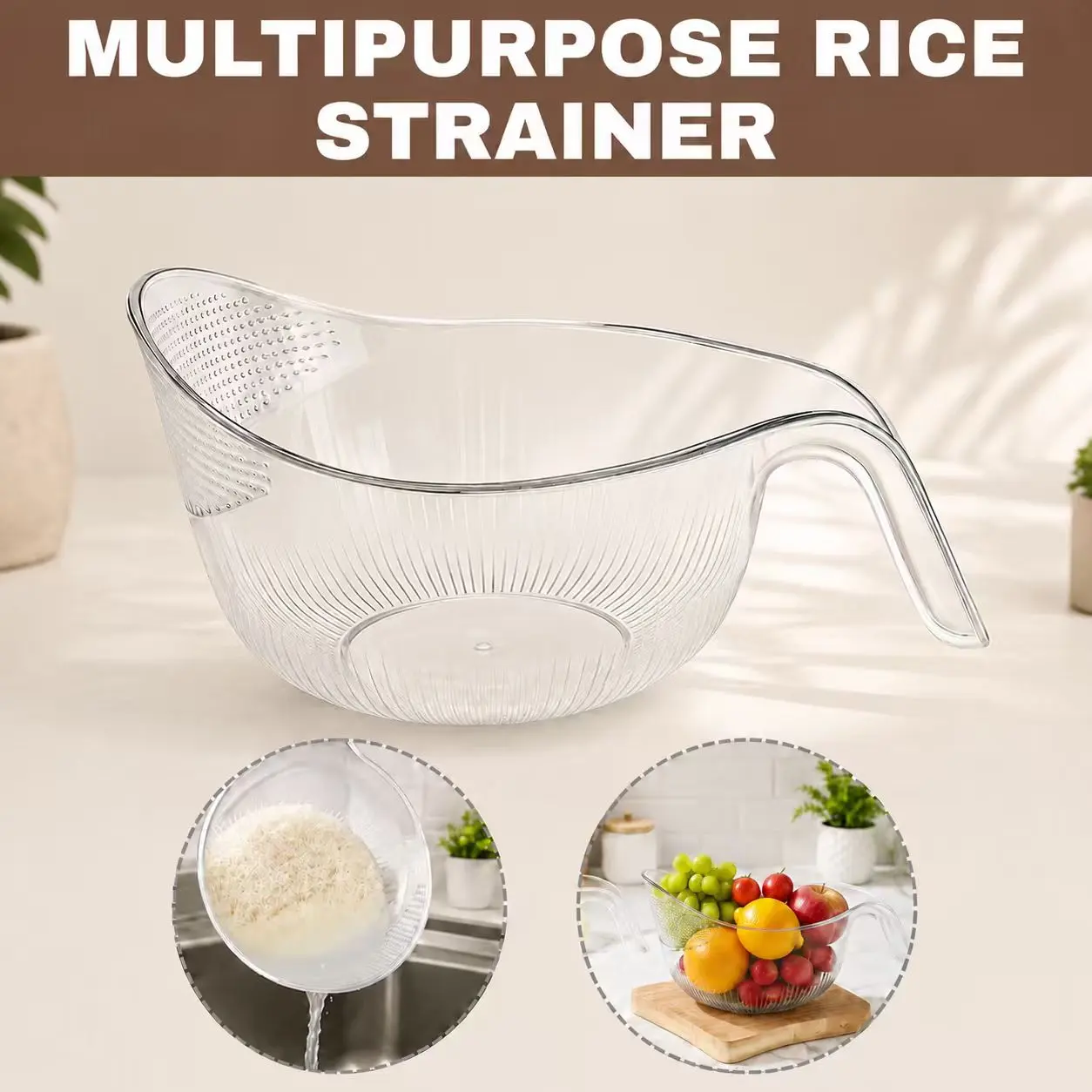 Aesthetic Multifunctional Rice Strainer with Handle, Sturdy BPA‑Free Transparent Plastic Colander, Kitchen Utensil for Draining Vegetables, Fruits, Cheese, Coffee