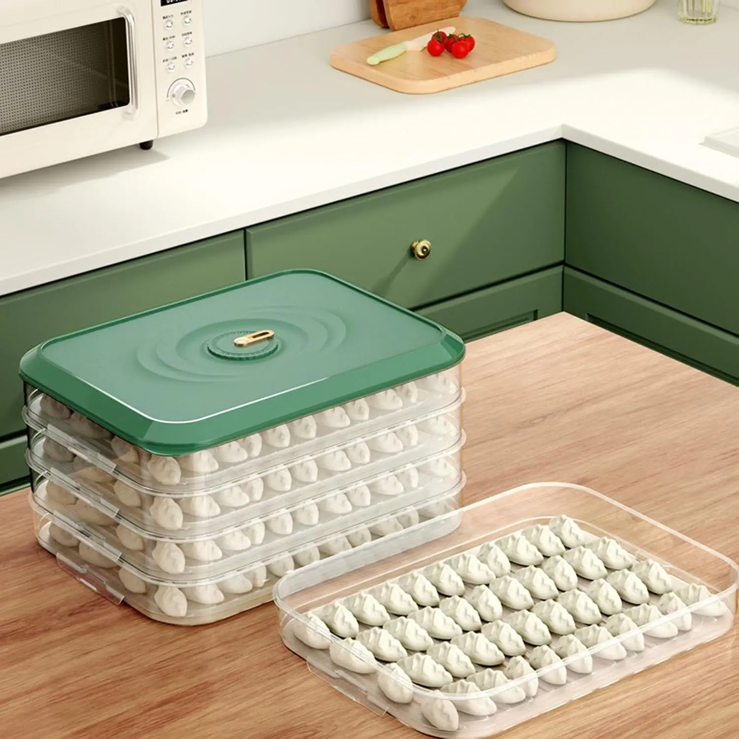 Kitchen Essentials Clear Plastic Food Storage Containers with Green Lid for Organizing Kitchen Items