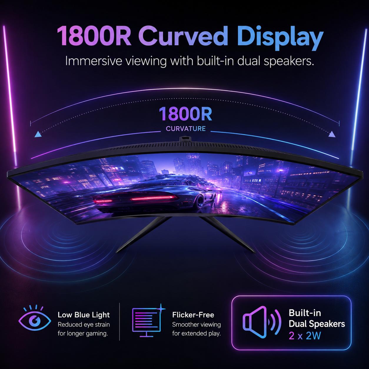 Rehisk 24" Curved Gaming Monitor – 180Hz, 1ms, FHD, FreeSync, Ultra-Slim, HDMI/DP, VESA Ready