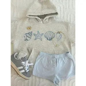 Seashell Print Hoodie, Cute Women’s Hoodies for Autumn, Back-to-School Pullover Sweatshirt, Casual Women’s Oversized Long-Sleeve Hoodie for Fall Outfits — Women’s Tops