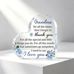 Premium "Grandma I Love You" Heart Acrylic Plaque - Elegant Blue Floral Thank You Keepsake, Crystal Clear Minimalist Desk Art & Grandma Birthday Gift