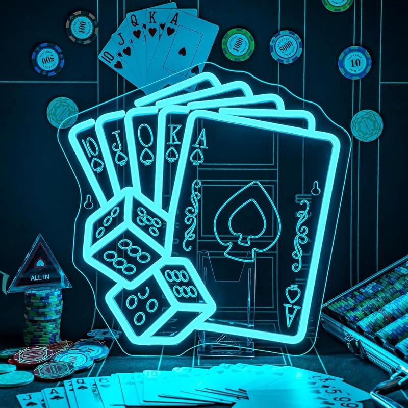 Blue Poker Neon Signs Dice Neon Signs Wall Decor Straight Flush LED Light for Bedrooms Bar Clubs Casinos Hotels Game Room Man Cave Party Decorations