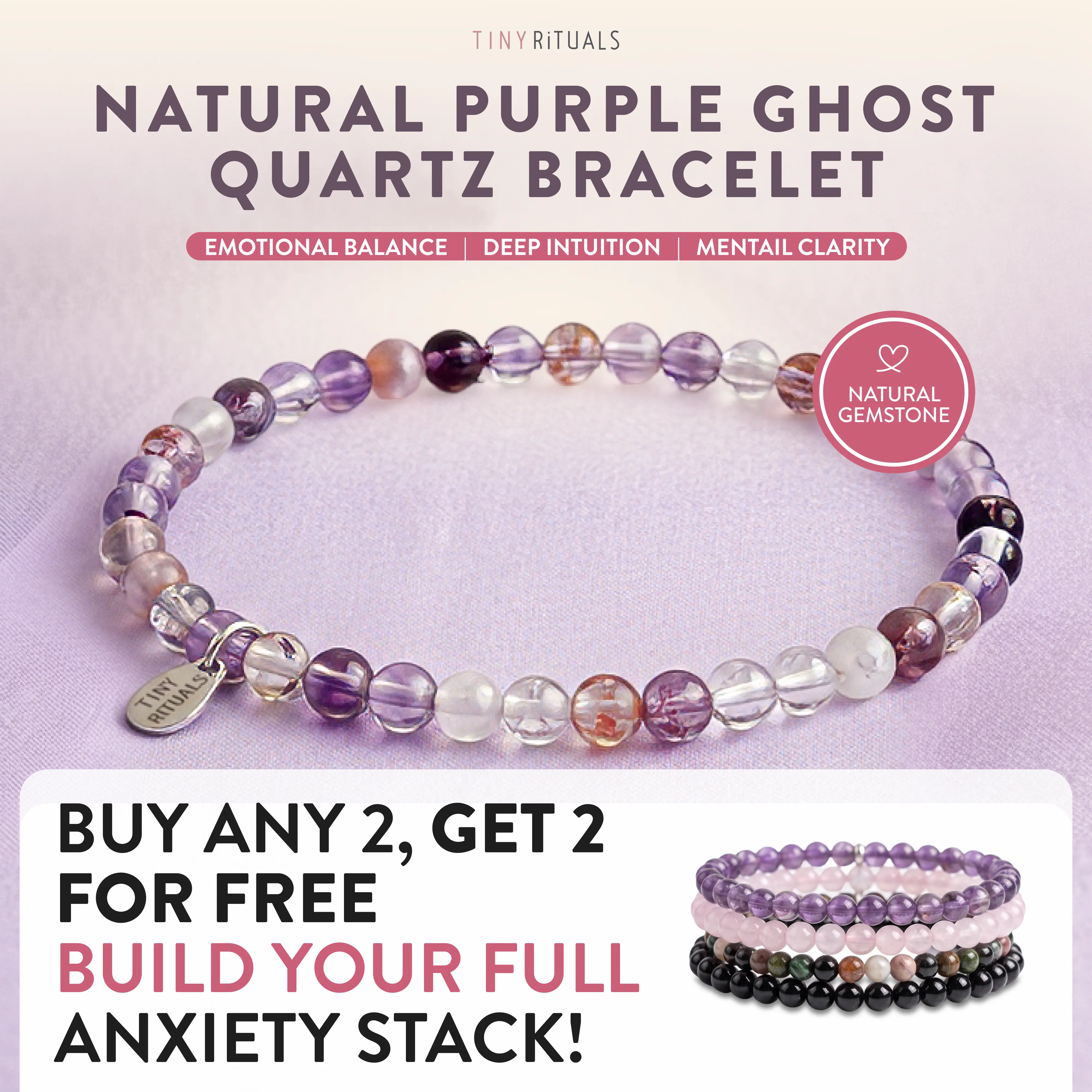 TINY RiTUALS Natural Purple Ghost Quartz Crystal Healing Bracelet Bracelts