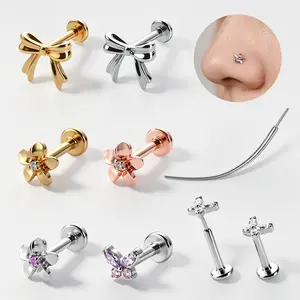 18G Titanium Threadless Flat Back Studs for Nose Helix Tragus Cartilage Lip Piercing, 6mm Push-In Labret Stud Earrings with Curved Guide Pin, 18K Gold PVD