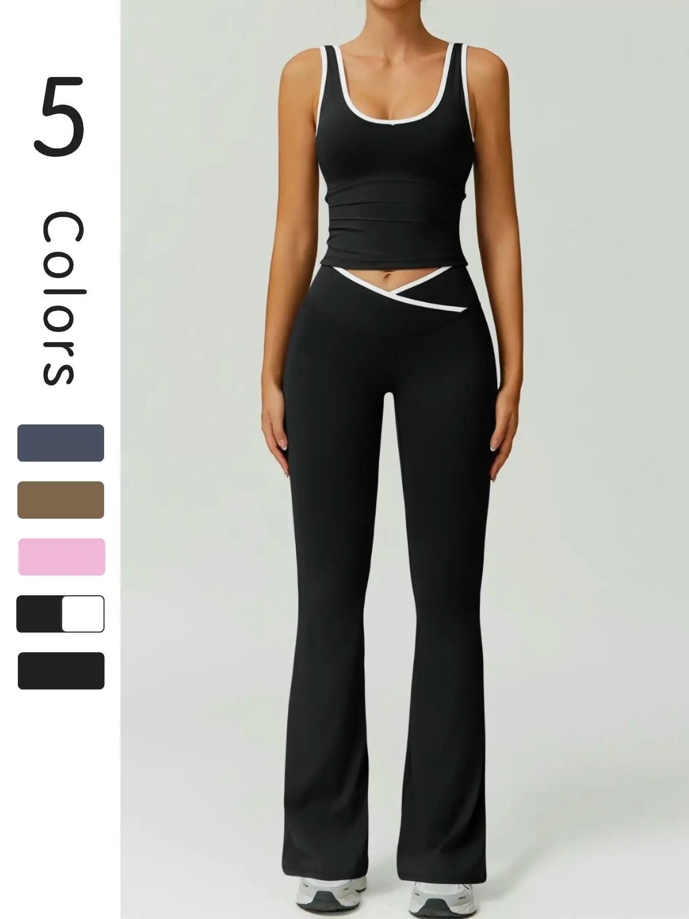 Women's Solid Color Contrast Trim Tank Top & Ruched Sports Flare Leg Pants Sportswear Set, Running Outfits, Comfy Breathable for Yoga Gym Workout Running, Ladies Sportswear for All Seasons, Form Fitting Activewear, Exercise Clothing, Fitness Gym Clothes