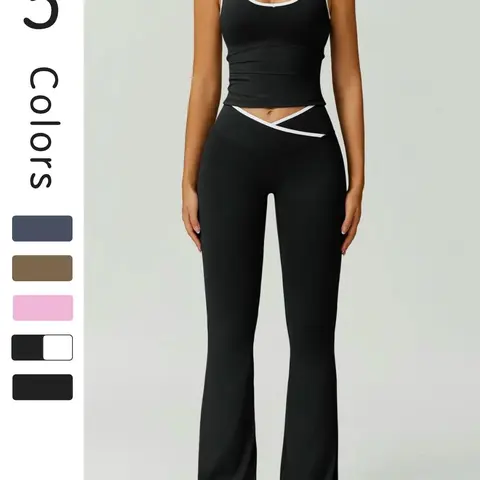 Women's Solid Color Contrast Trim Tank Top & Ruched Sports Flare Leg Pants Sportswear Set, Comfy Breathable for Yoga Gym Workout Running, Ladies Sportswear for All Seasons, Form Fitting Activewear, Fitness Gym Clothes, Sports Clothing Set