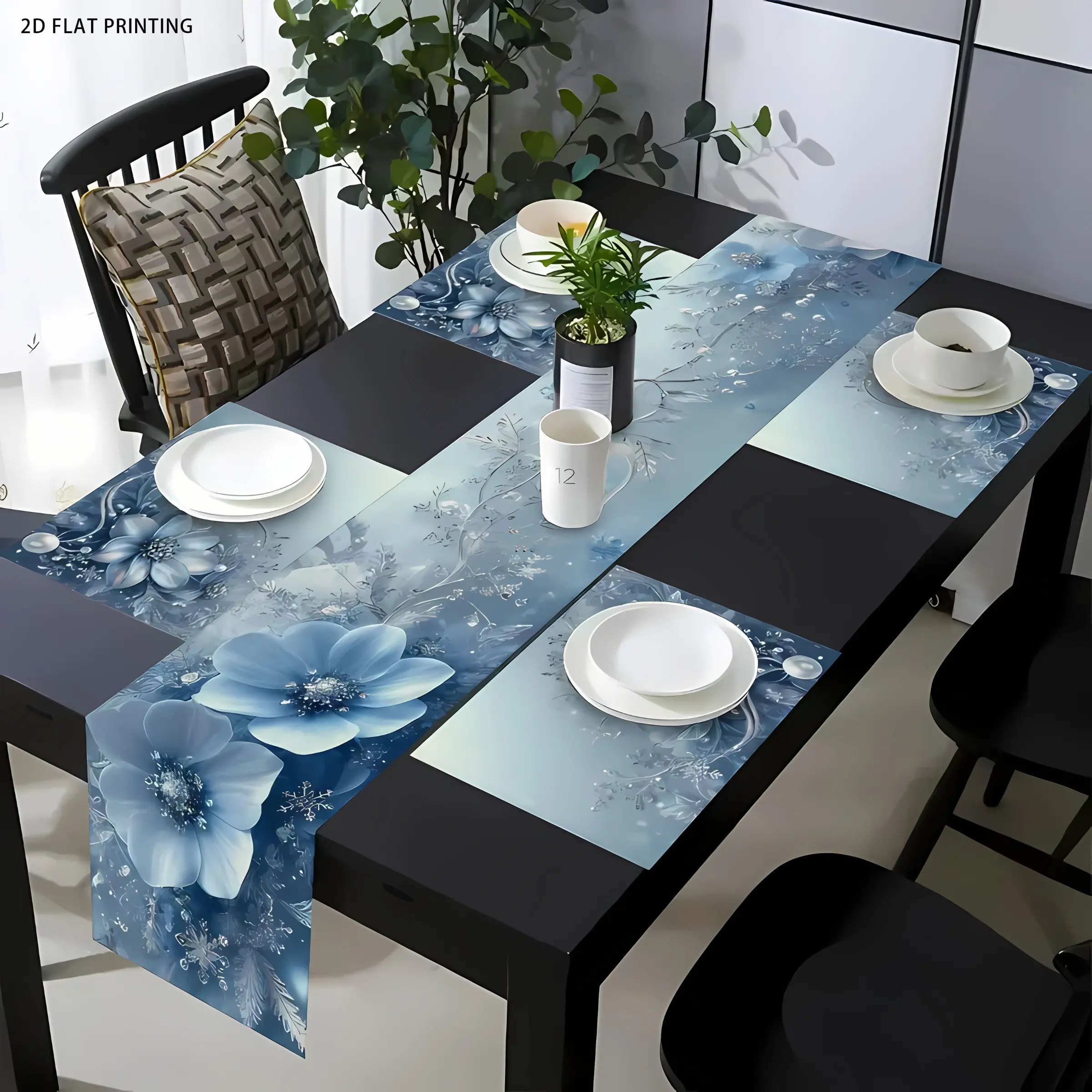 2D flat printing, 1 piece/4 pieces/6 pieces/5 pieces set/7 pieces set, floral blue and silver patterned table flag and placemat set, Kitchen Decorative Placemat, seasonal kitchen and dining table decoration, suitable for indoor and outdoor gatherings
