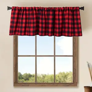 One black, white and red checkered curtain. Classic farmhouse-style blackout curtain. Interior decoration curtain and drapery.