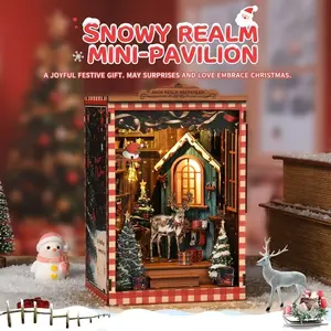 DIY Christmas Book Nook Kit 3D Wooden Puzzle Miniature Dollhouse, Snowy Bookshelf Insert Diorama, Home Decor Desk Ornament Gift for Adults 14+