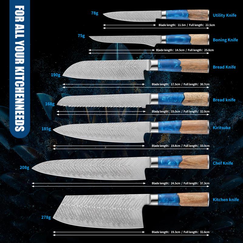 7-piece set - Blue Resin Damascus style Chef Knife Set - Professional grade knives, multifunctional knives, blue resin handle, high-end set, perfect for gift giving, one-stop solution for kitchen knife inconvenience, stunning appearance
