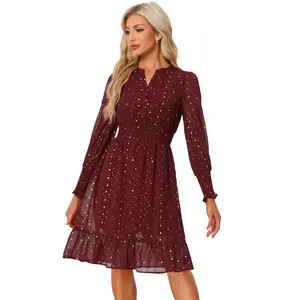 Allegra K Women's Metallic Star Split Neck Button-Up Smocked Chiffon Dresses Burgundy-Star Small