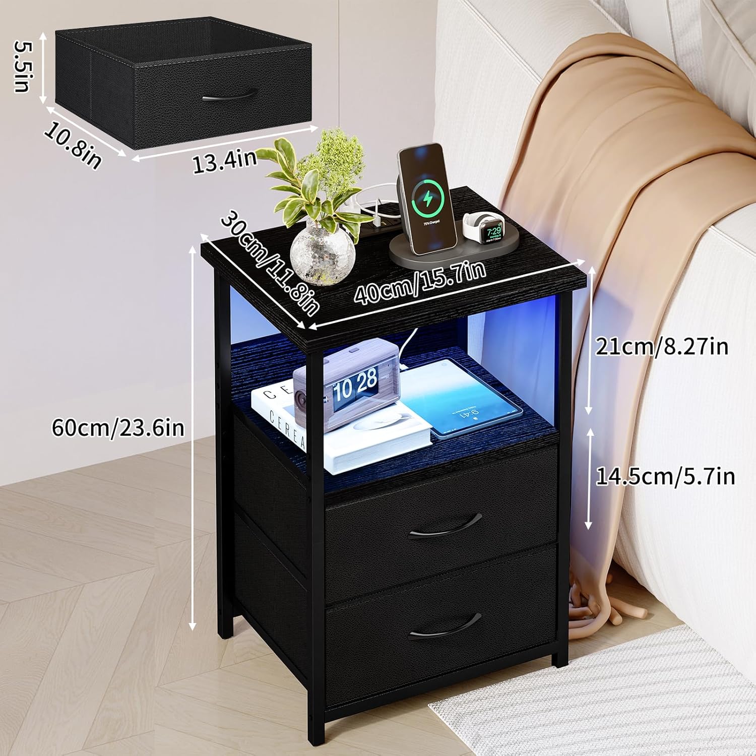 Night Stand with Charging Station, LED Nightstand with U-S-B Ports and Outlets, 2 Fabric Storage Drawers with PU Finish, Small Bedside Table, Black