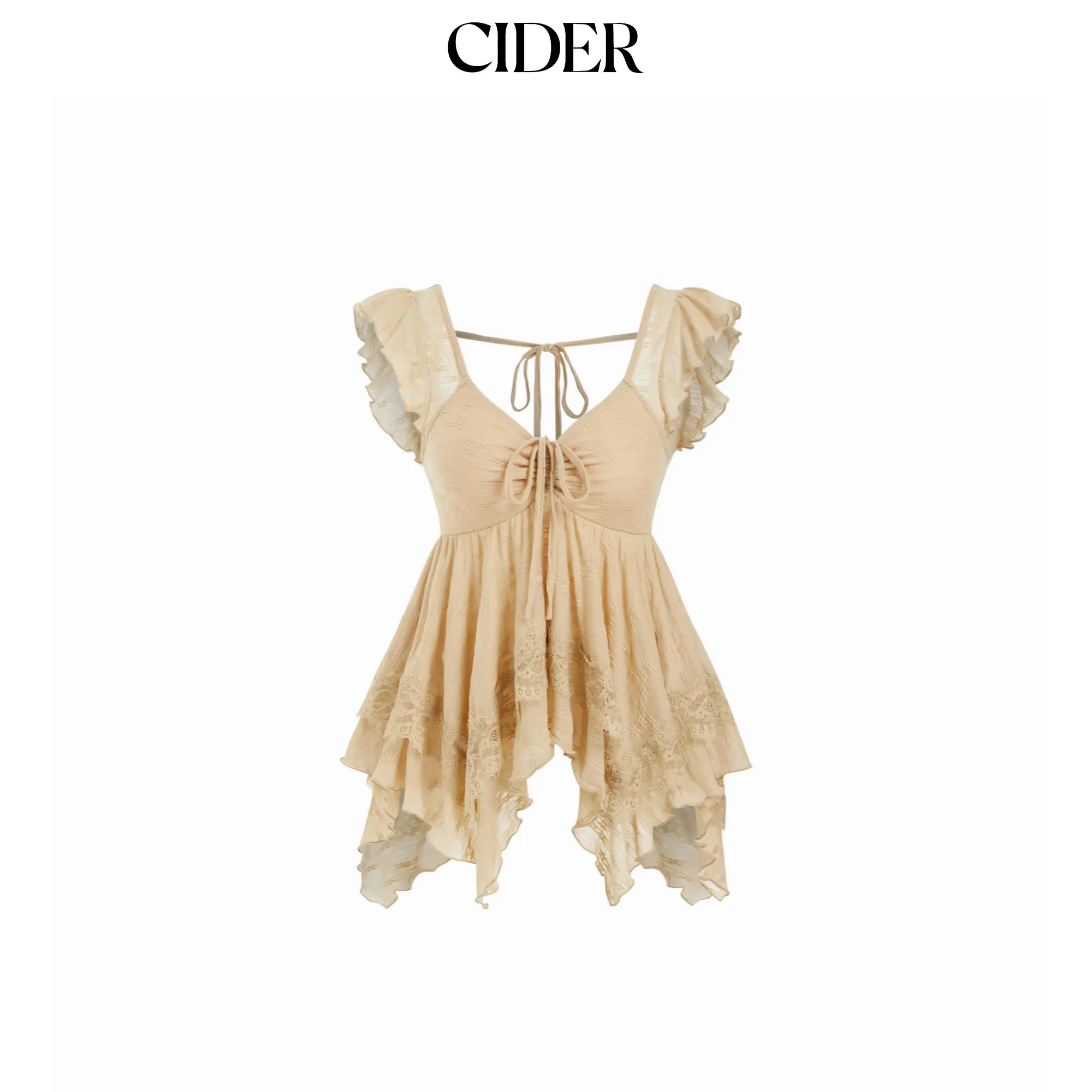Cider Lace Sweetheart Ruffle Hem Knotted Short Sleeve Top