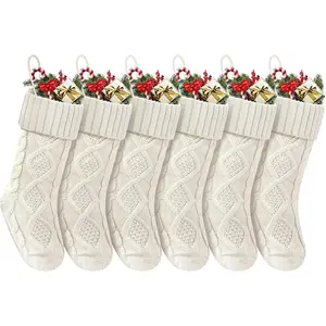 Christmas Stockings 18 Inches Long Knitted Socks Christmas Decoration Hanging Stocking for Fireplace Xmas Tree Home Family 6 White