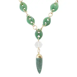 Green aventurine link and gold link spike pendant necklace