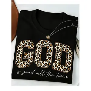 Leopard Print GOD Good Time Printed T-Shirt, 180G Pure Women'S T-Shirt, Loose Fit Meat Blocking And T-Shirt, Elastic Fabric Not Tight, Paired with Jeans Trendy And Cool Explosive Street, Gentle with Long Skirt, a Must-Have