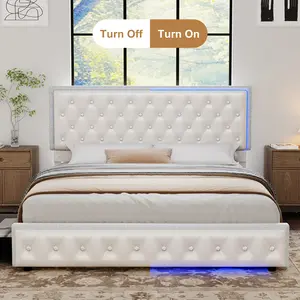 California King LED Bed Frame with 2 Storage Drawers, Crystal Tufted Upholstered Headboard, Noise-Free, No Box Spring Needed – PU & Velvet, Black/Gray/White/Cream