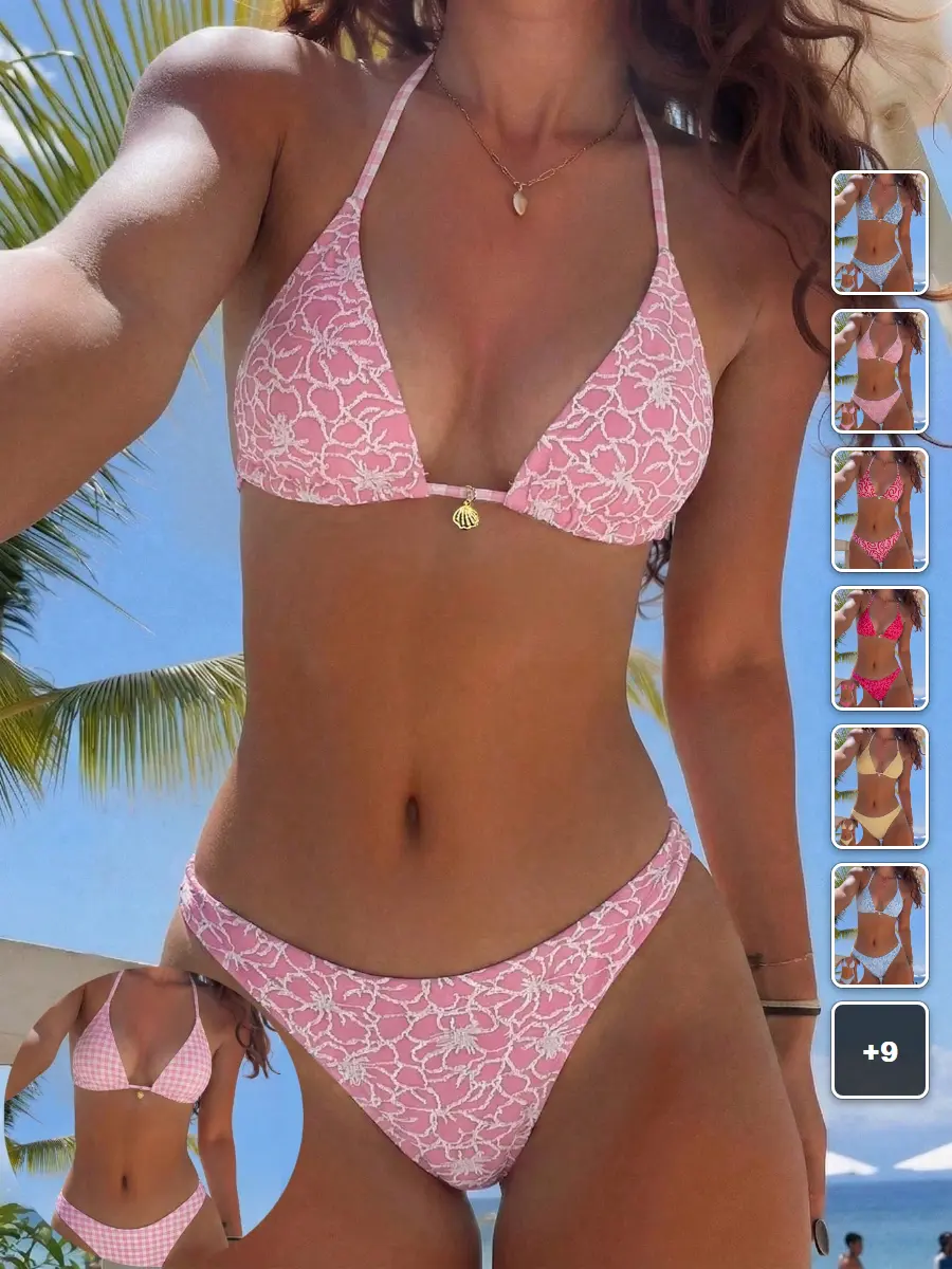 RUTMAN Bikini Set Pink Floral Print Reversible Halter Tie Beach Vacation Summer Outfit