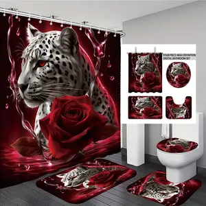 4PCS Red Rose Leopard Curtain Set with Non Slip Rugs, Toilet Lid Cover and Bath Mat,  Bathroom Decor Accessories Spring Home Goods Bathroom Set,with 12 Hooks