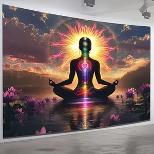 Elegant for Lotus Meditation Tapestry with Woman Silhouette - Vibrant Chakra & Mindfulness Decor, Polyester, No Power Needed - Perfect for Living Room, Bedroom, Office, Party - Unique Gift Idea, Zen Home Decor