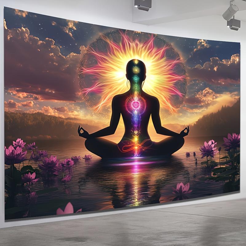Elegant for Lotus Meditation Tapestry with Woman Silhouette - Vibrant Chakra & Mindfulness Decor, Polyester, No Power Needed - Perfect for Living Room, Bedroom, Office, Party - Unique Gift Idea, Zen Home Decor
