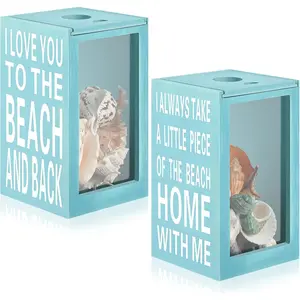 2 count Seashell Holder Seashell Display Box Beach Coastal Decor  Holder Display Case  Decor for Coastal Decoration Storage(Blue,to the Beach and )
