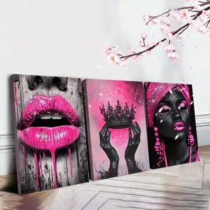 3pcs Vintage Fabric Canvas Wall Art Set, Black Queen Pink Crown & Lips Design, Ready to Hang, Multipurpose Home & Office Decor, No Electricity Needed, Wall Hanging Posters for Living Room, Bedroom, Bathroom