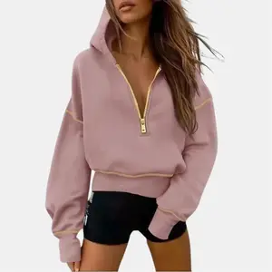 Women's Long Sleeve Half-Zipper Short Hooded Sweatshirt Pullover Winter Fashion Clothing