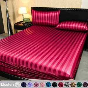 2/3PCS Silk-Like Striped Fitted Sheet Set, Smooth Soft Breathable Bedding, Cooling and Non-Stuffy, Dustproof Mattress Protector, Luxury Bedding