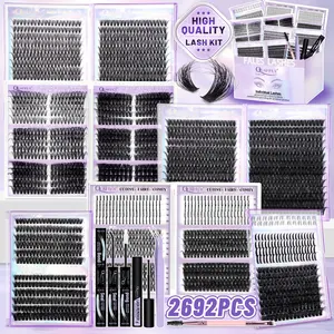 QUAFFLY Mega Lash Clusters Kit 2692Pcs, Makeup Eyelashes Extension 10 Trays Variety Pack Eyelash Clusters Extensions, Includes Volume/Wispy/Spikes/Bottom Lashes, DIY At Home Lash Extension Kit with Lash Bond&Seal Remover Tweezer Dual-Ended Brush