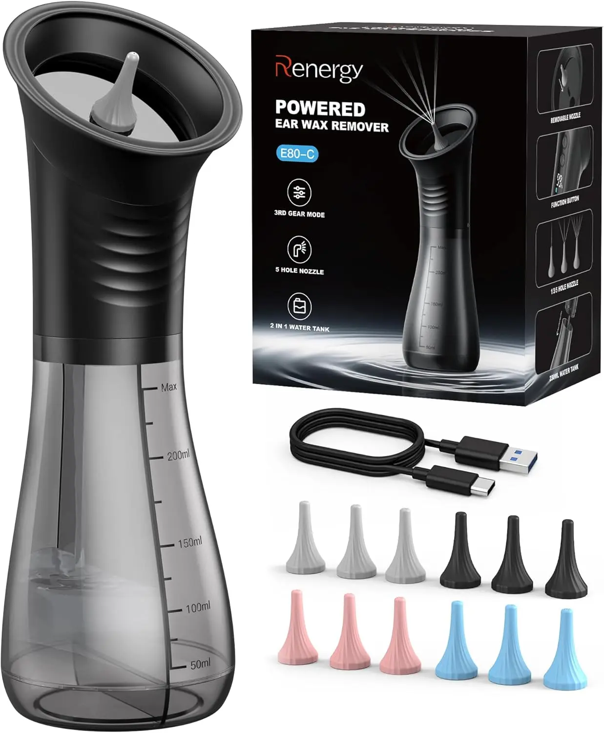 Renergy Electric Ear Wax Removal Kit with LED Display, Powered Ear Wax Remover, Dual Clean & Waste Tank, Water Ear Cleaner & Ear Cleaning Kit, Ear Irrigation Flushing System, 3 Modes, 12 Nozzles, IP67