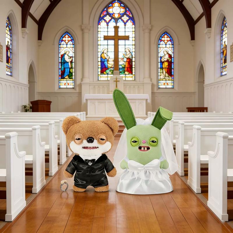 【Valentine's Day Limited Edition】Fuggler Wedding Day Plush Set - Adorable Bear Groom & Green Bunny Bride with Ring - Perfect for Weddings and Gifts