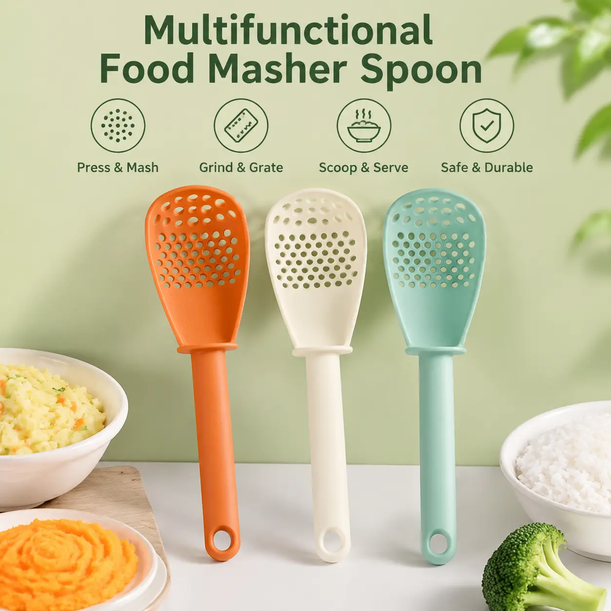 1 Count Multifunctional Kitchen Strainer Spoon, Food Grade Perforated Grinding Tool for Mashing Garlic Ginger, Separating Food for Daily Home Cooking
