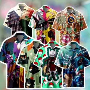 Colorful Creature Aloha Shirt, Island Graphic Button Up, Summer Unisex Wear, Tropical Cartoon Creature Shirt, Beach Vacation Hawaiian Button Up